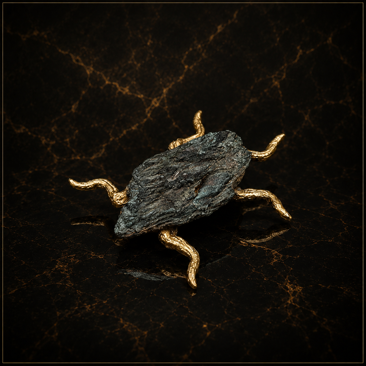 Beetle Sculpture – Patina Bronze with Gold Accents